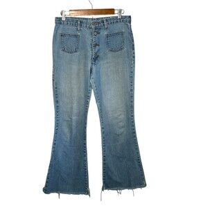 VTG Wrangler Jeans 29 High Rise Flare Leg Button Fly Patch Pocket Raw Hem Blue